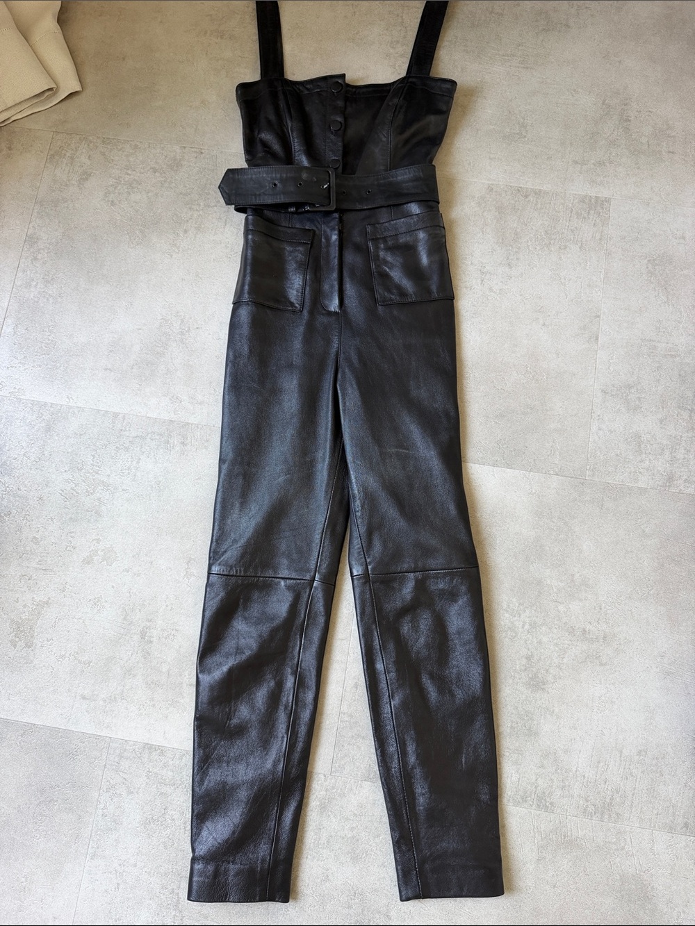 L'Academie Black Faux Leather Belted Jumpsuit